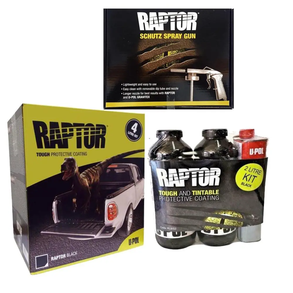 U-Pol Raptor Black Tough Protective Uv Resistant Bed Liner Kit 6L + Schutz Gun 1