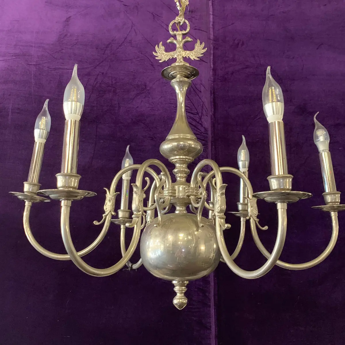 Antique Polished Nickel Flemish Chandelier With Fish Detail - Sold 1