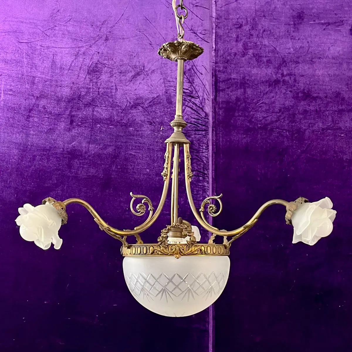 Antique Victorian Brass Chandelier With Cut Glass Bowl And Flower Shades, Late 19Th–Early 20Th Century 1