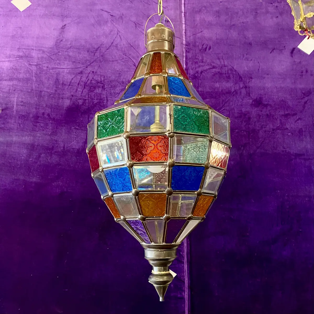 Antique Brass Lantern With Pressed Coloured Glass - Sold 1