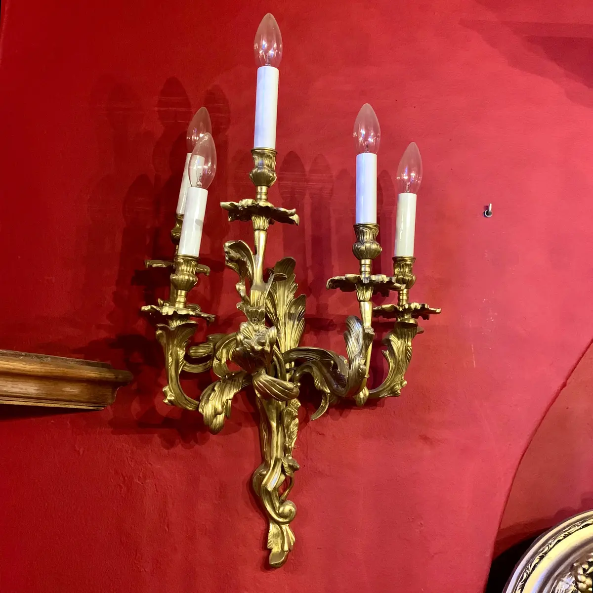 Rococo Style Brass 5 Arm Wall Sconce - Sold 1