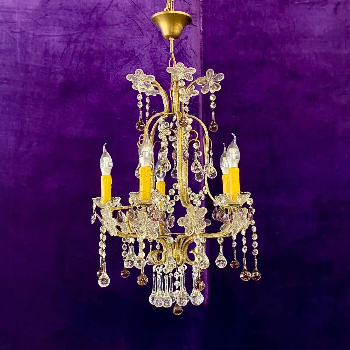 Elegant Brass Cage Chandelier With Flower Crystals - Sold 1