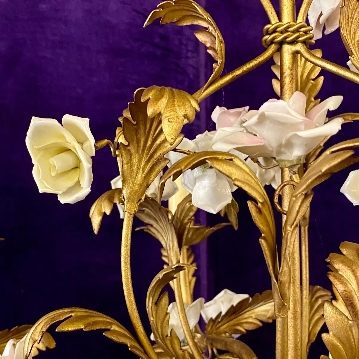 Beautiful Antique Gilt Brass Chandelier With Porcelain Flowers 2