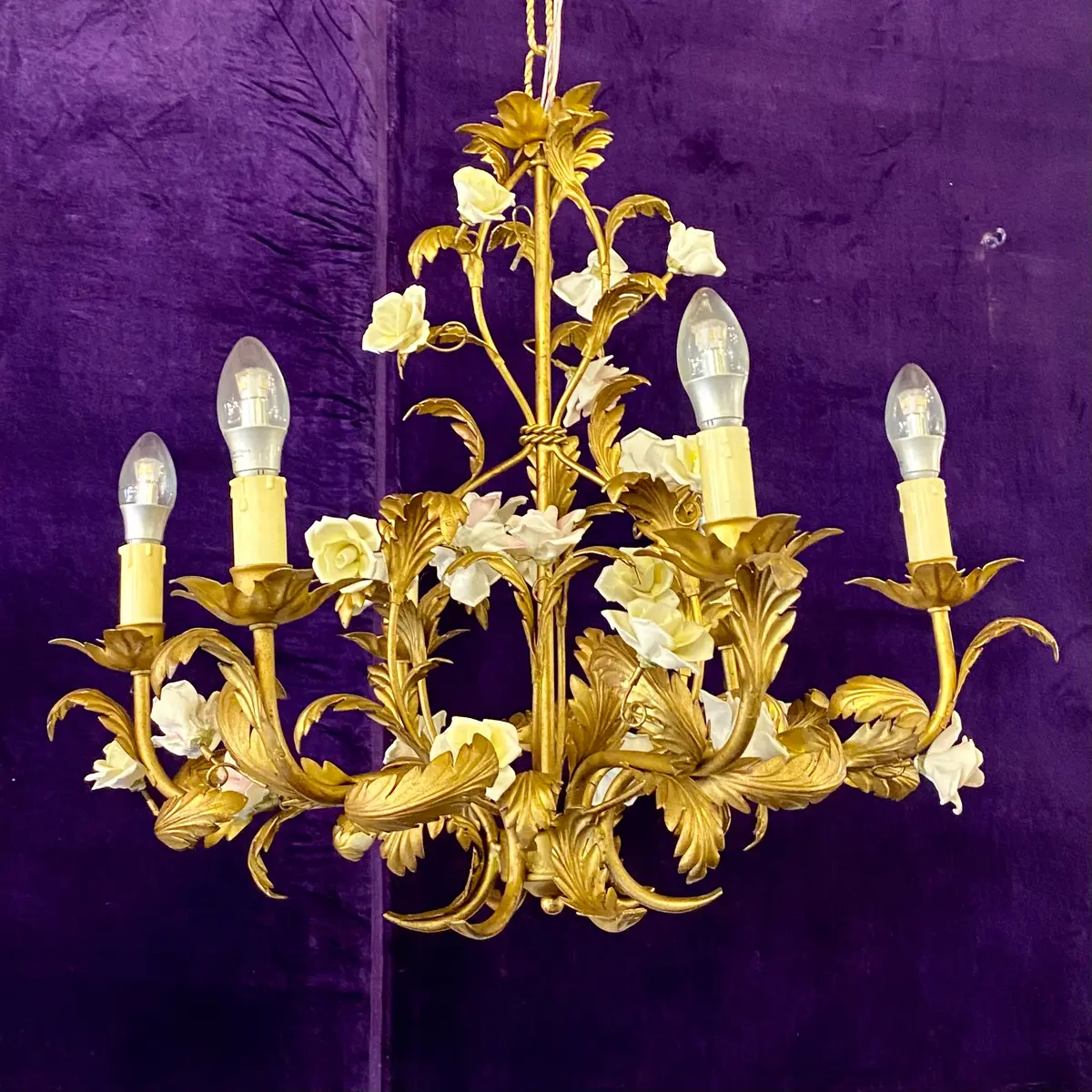 Beautiful Antique Gilt Brass Chandelier With Porcelain Flowers 1