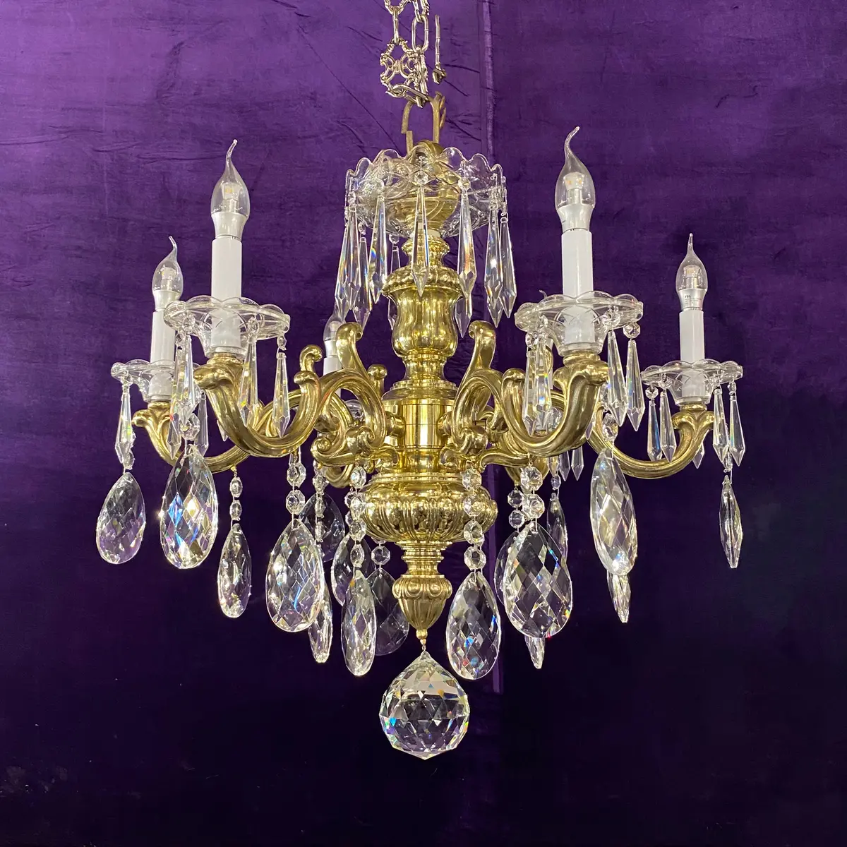 Heavy Polished Brass  Crystal Chandelier - Sold 1