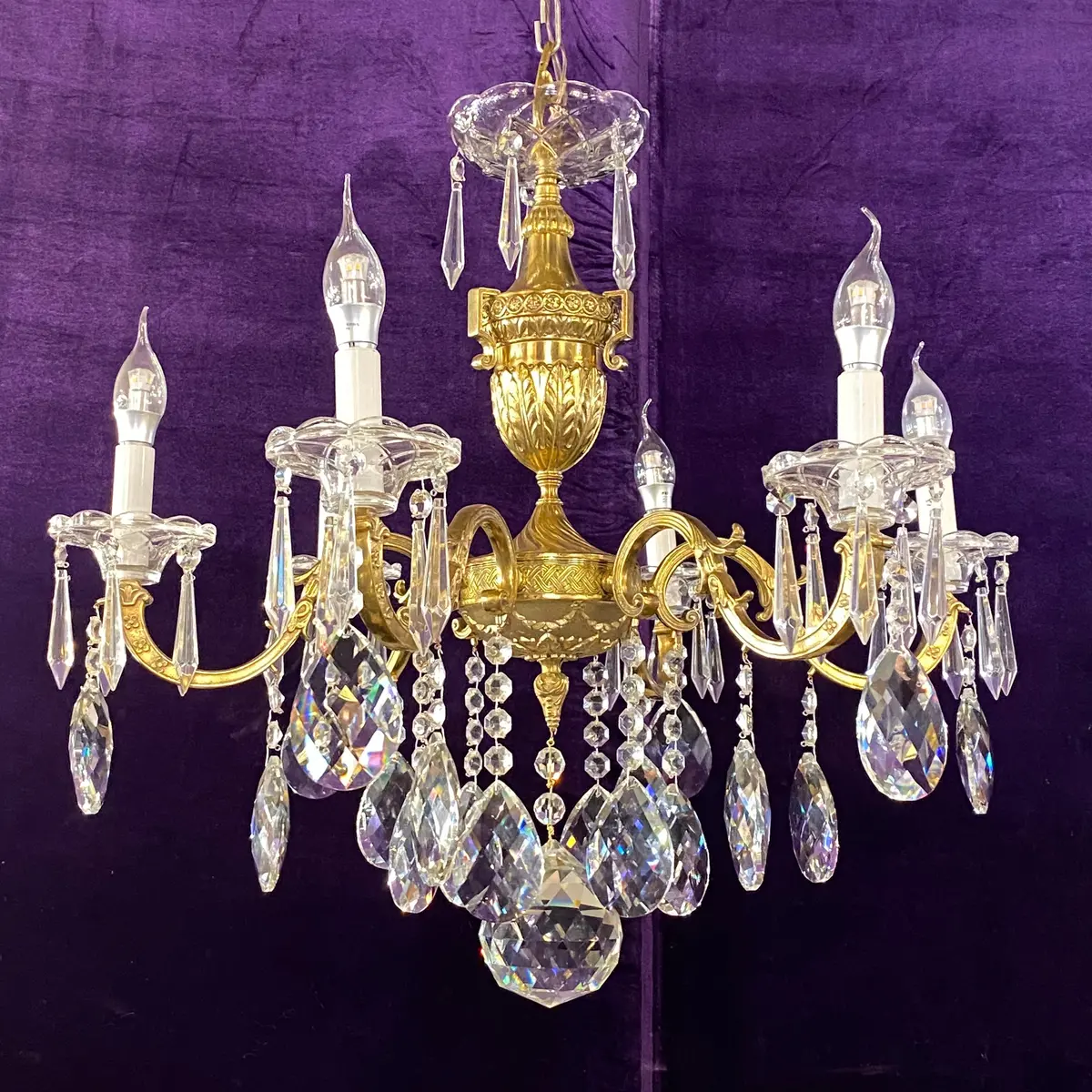 Antique Polished Brass Chandelier With Empire Style Details - Sold 1