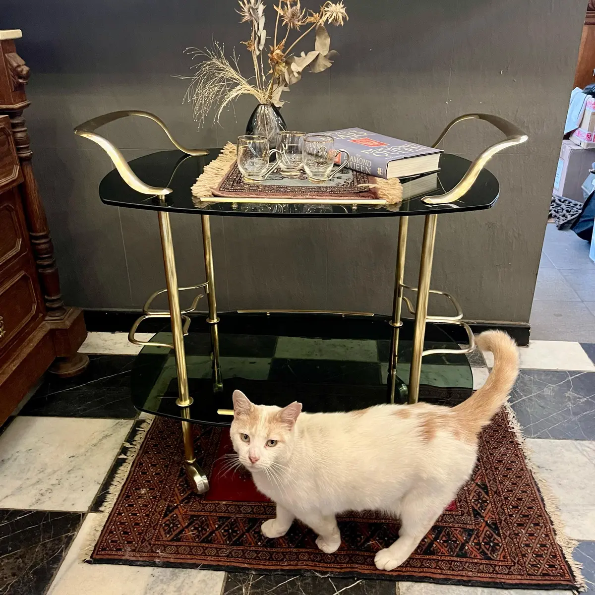 Gorgeous And Glamorous 1970'S Smoked Glass And Brass Bar Cart - Sold 1