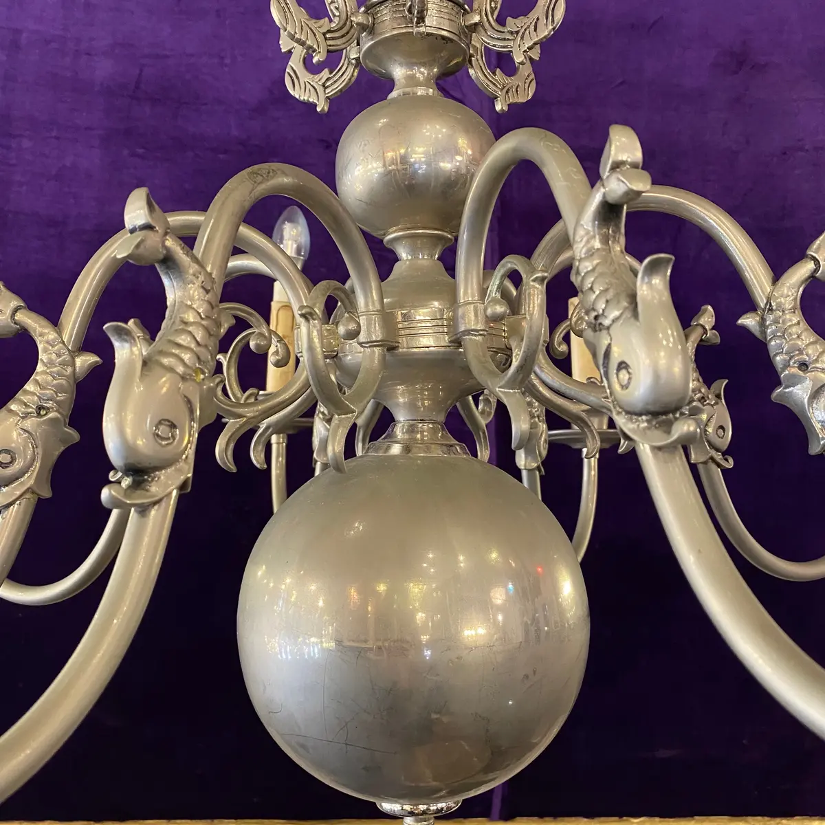 Antique Aged Nickel Flemish Chandelier With Mermen 2