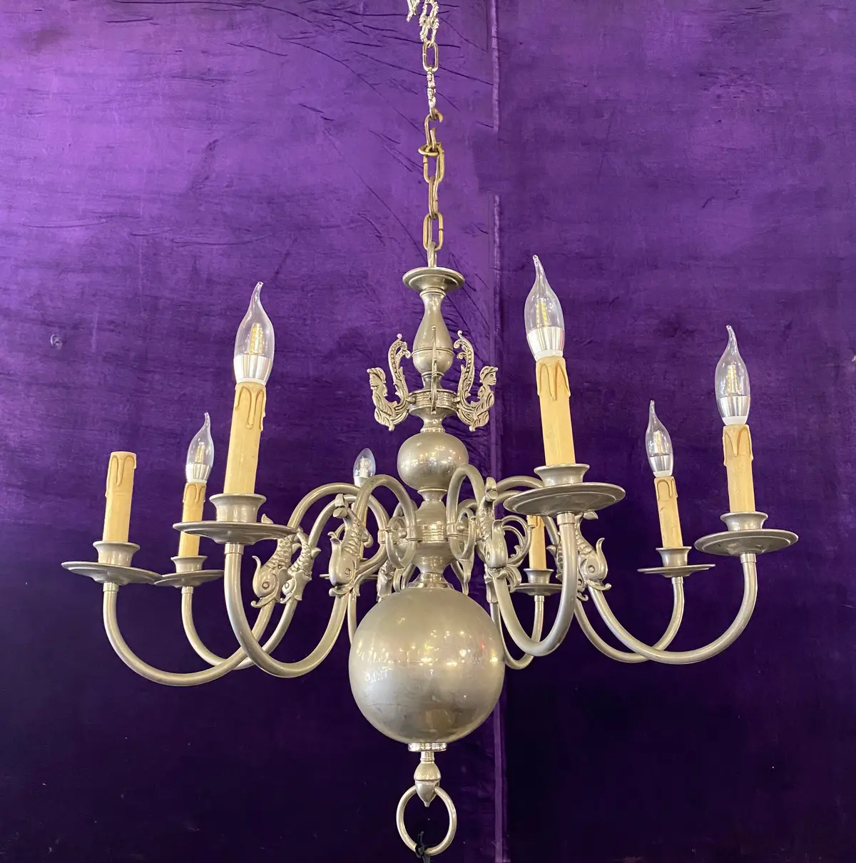 Antique Aged Nickel Flemish Chandelier With Mermen 1