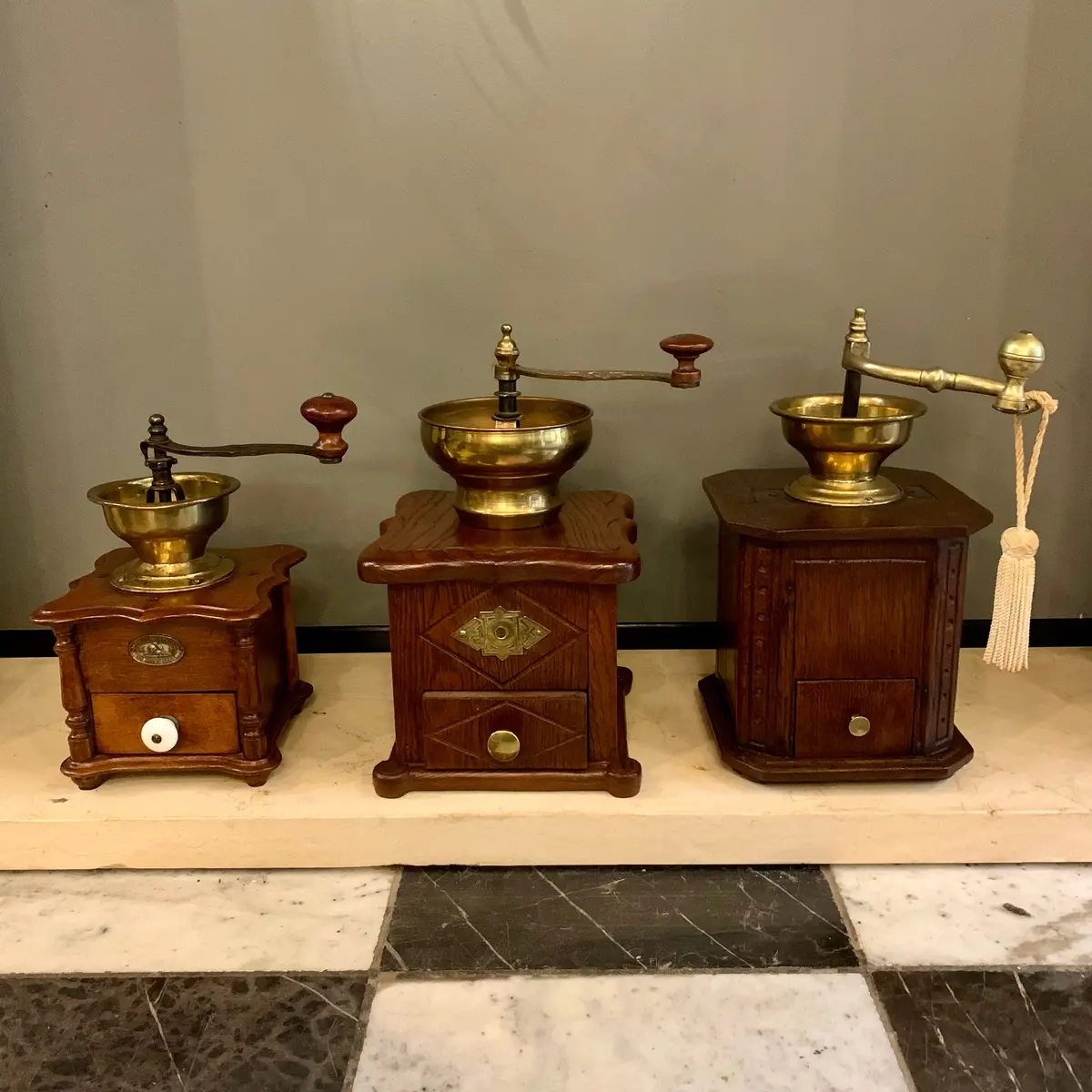 Antique Oak And Brass Coffee Grinders 1
