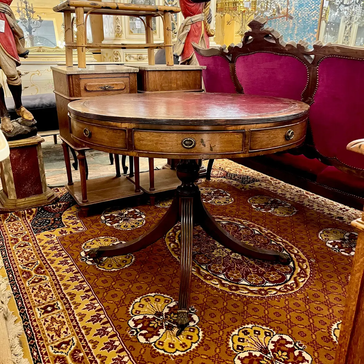 Regency-Style Mahogany Drum Table With Tooled Leather Top, C. Early 20Th Century - Sold 1