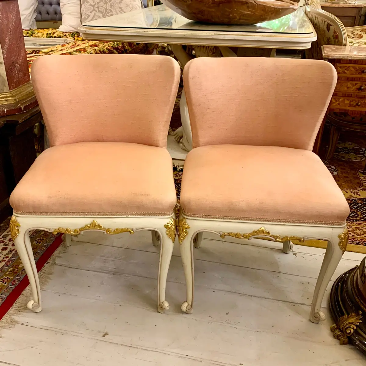 Pair Of Vintage Cream And Peach Salon Chairs - Sold 1
