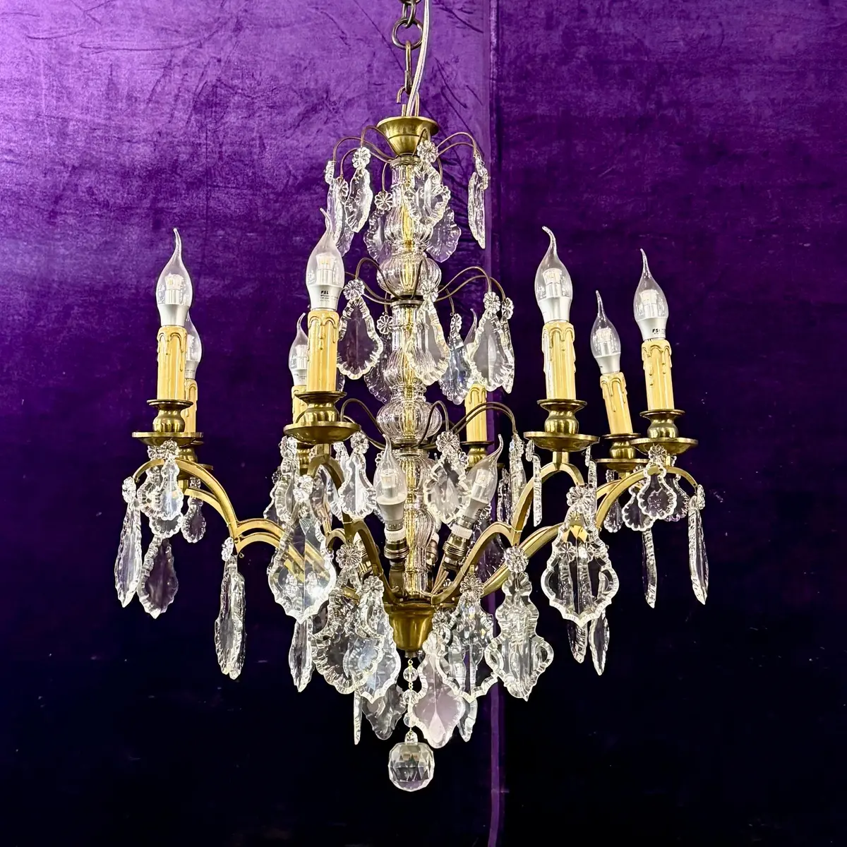Stunning Antique French Brass Chandelier With Original Cut Crystal Drops 1