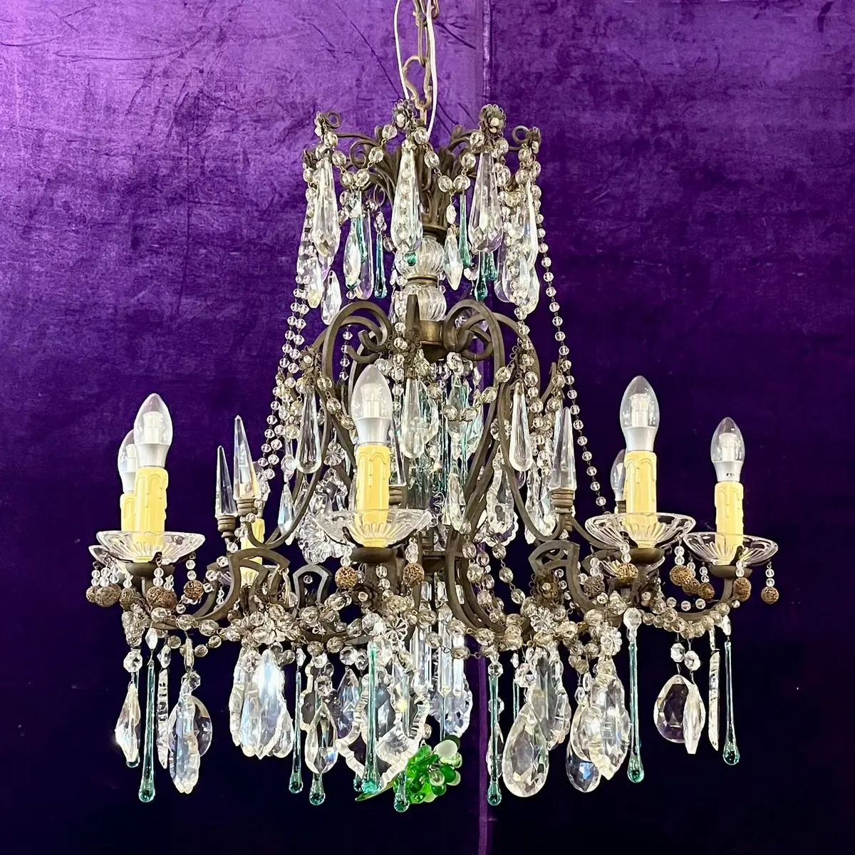 Antique Brass Chandelier With Original And Coloured Crystal, C.1900 1