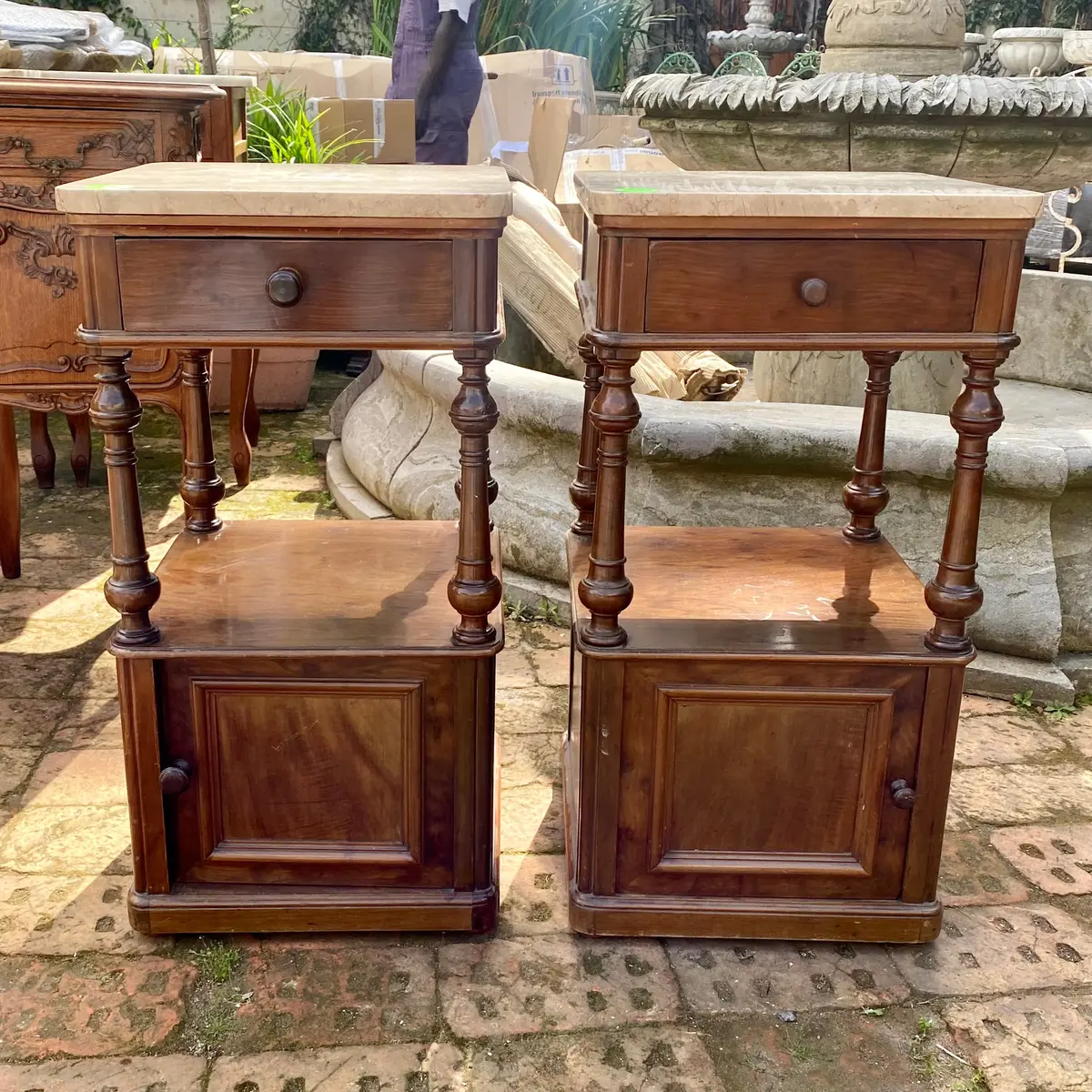 Antique Bedside Pedestals With Mocha Marble Top - Sold 1