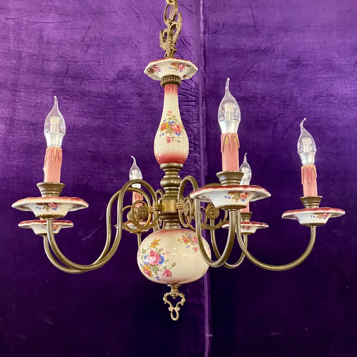 Vintage Pink Delft Chandelier With Aged Brass Frame 1