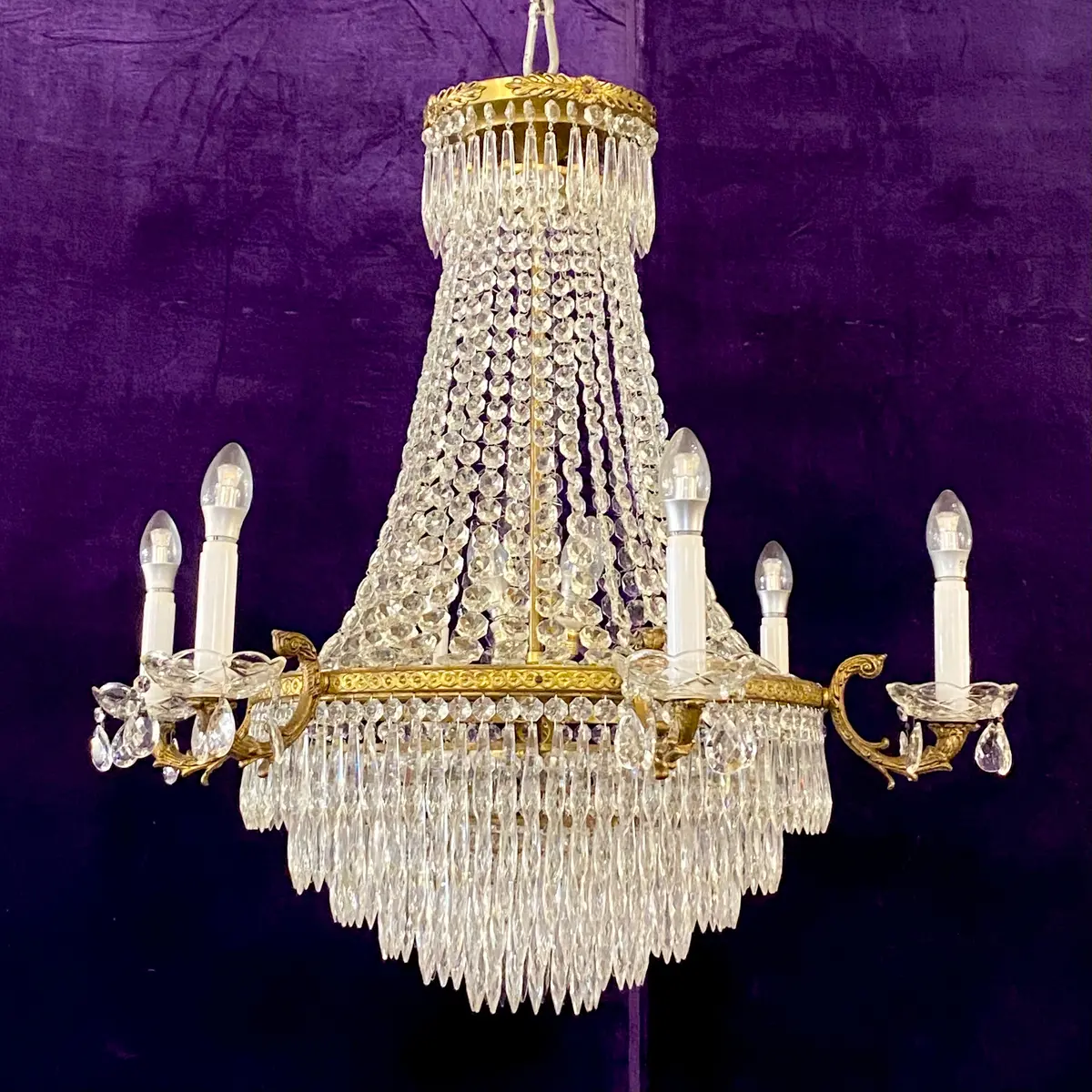 Antique Gilt Metal And Crystal Neoclassical Chandelier - Sold 1