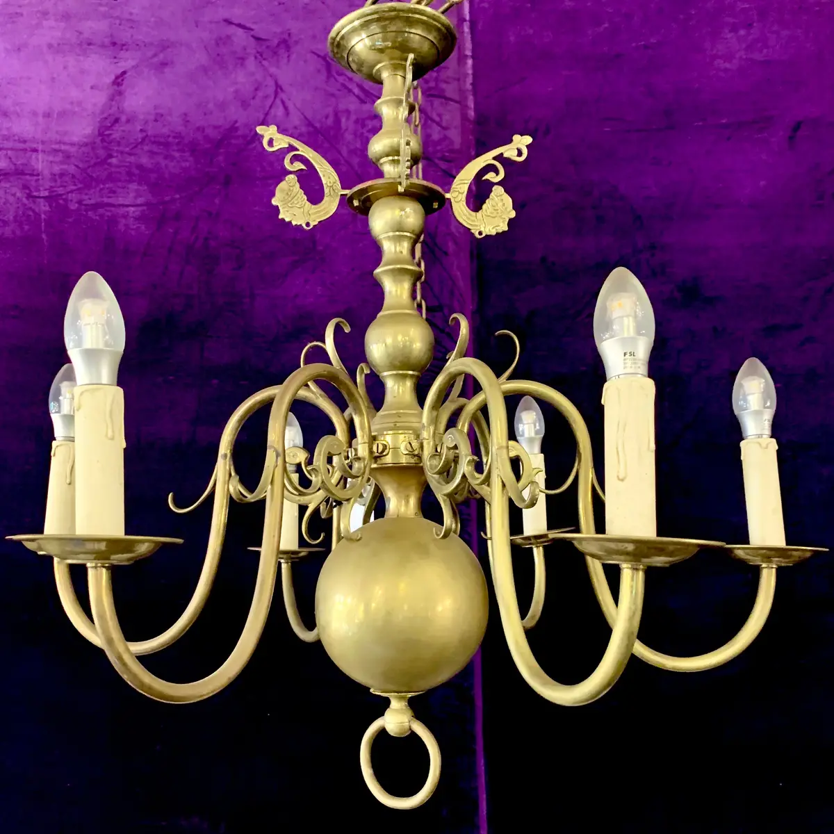Antique Brass Flemish Chandelier With Mermen Detail 1