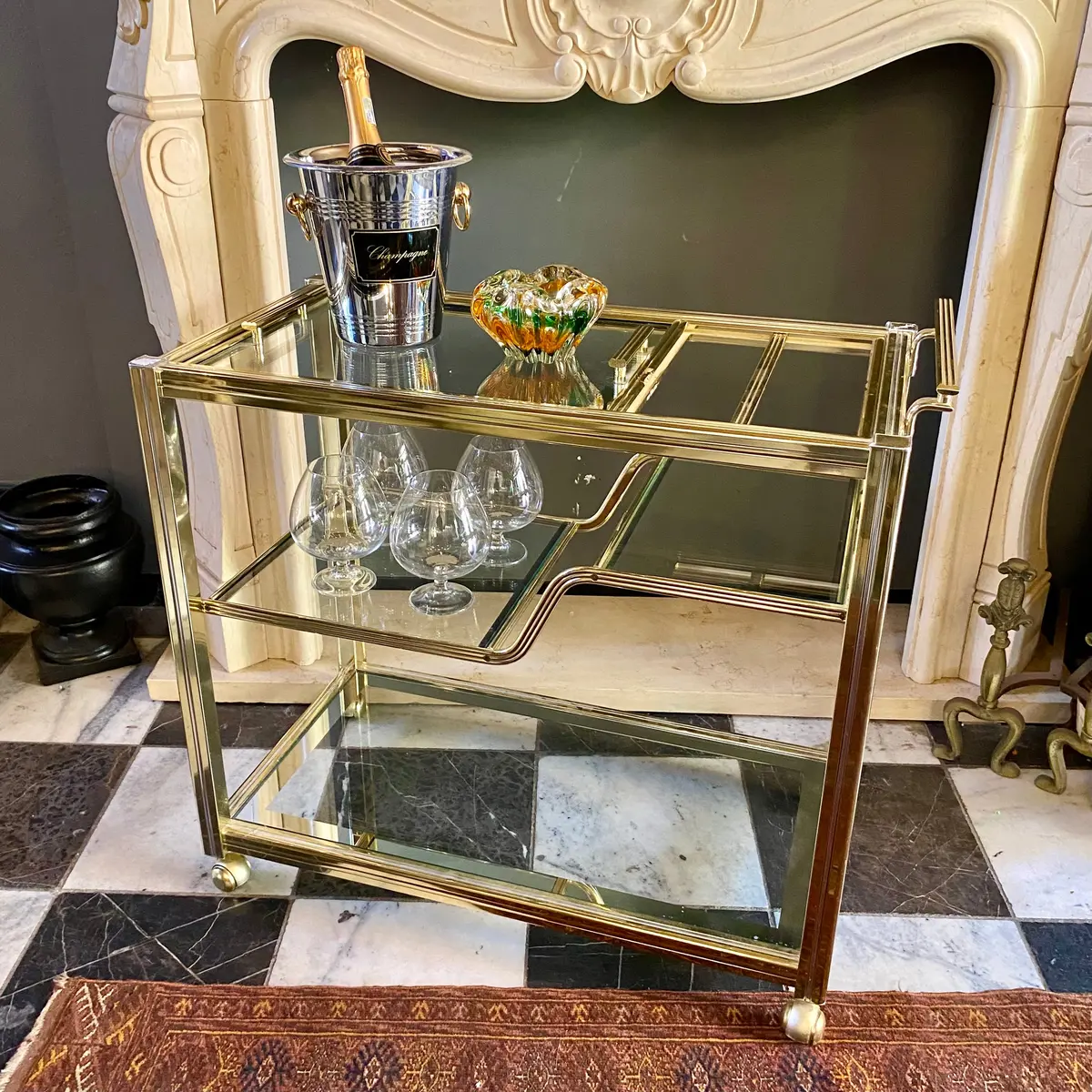 Amazing Vintage Brass And Glass Drinks Trolley - Sold 1