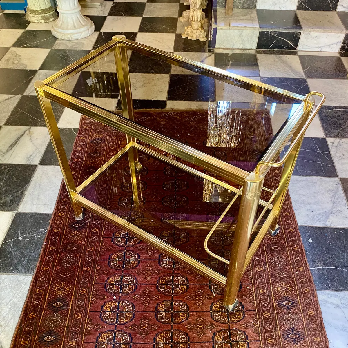 Rare Vintage Smoked Glass And Brass Drinks Trolley - Sold 1