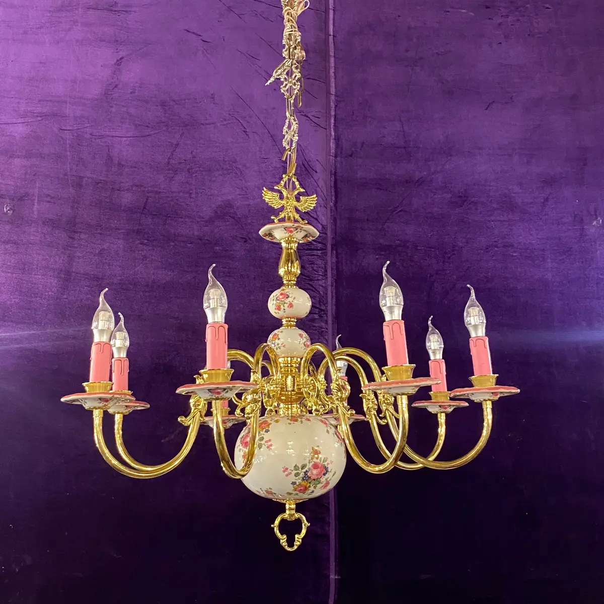 Elegant White Delft Chandelier With Pink Accents 1