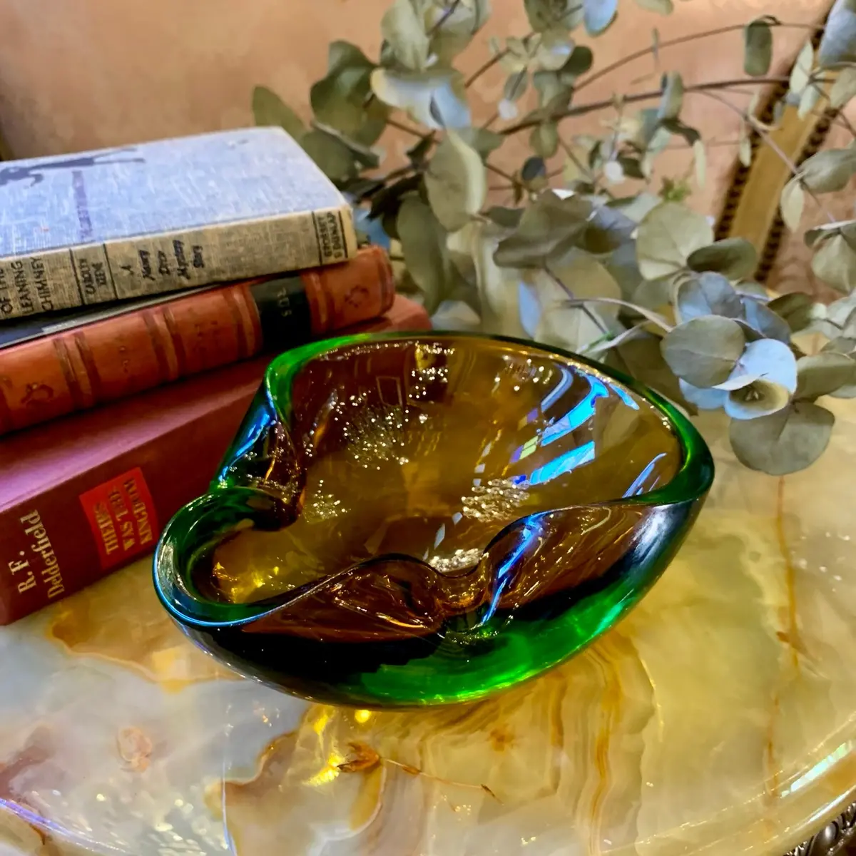 Stylish Amber And Green Murano Ashtray 1