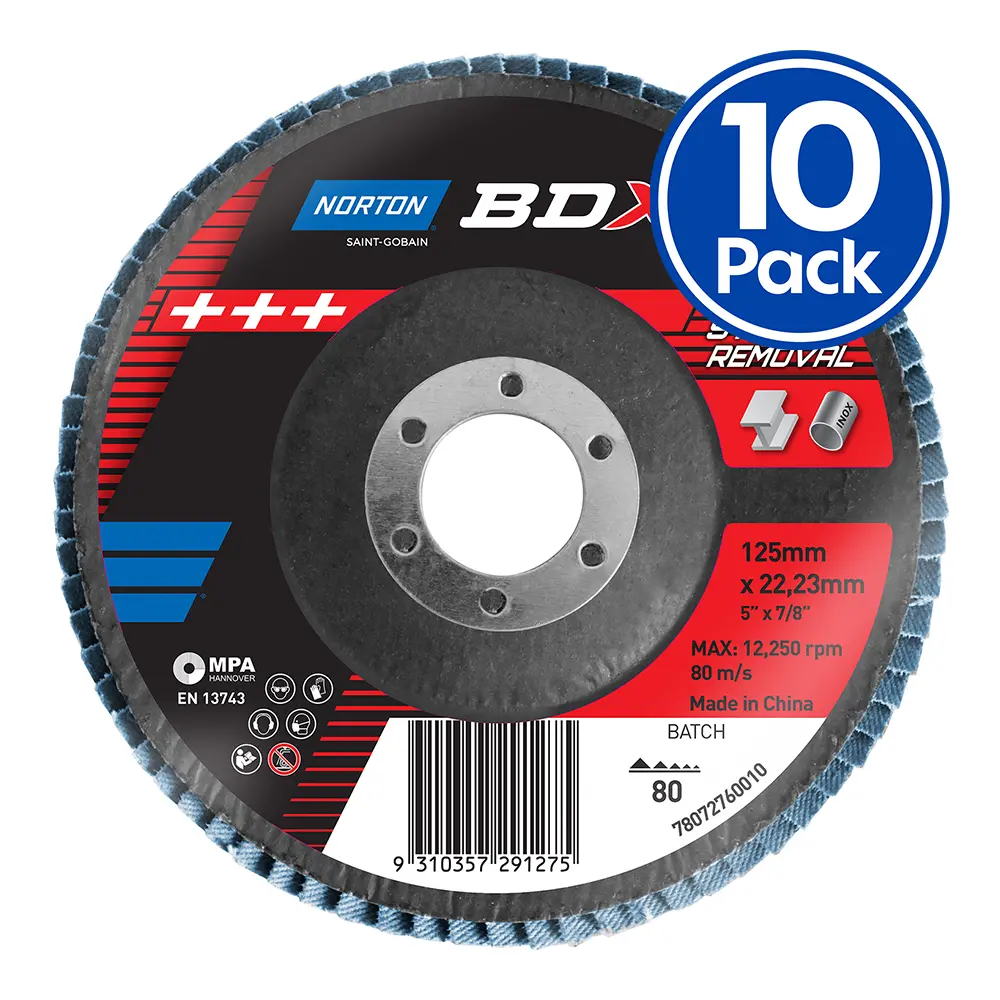 Norton Bdx Flap Disc 125Mm X 22Mm X 10 Pack P80 Grit Fast Stock Removal 1