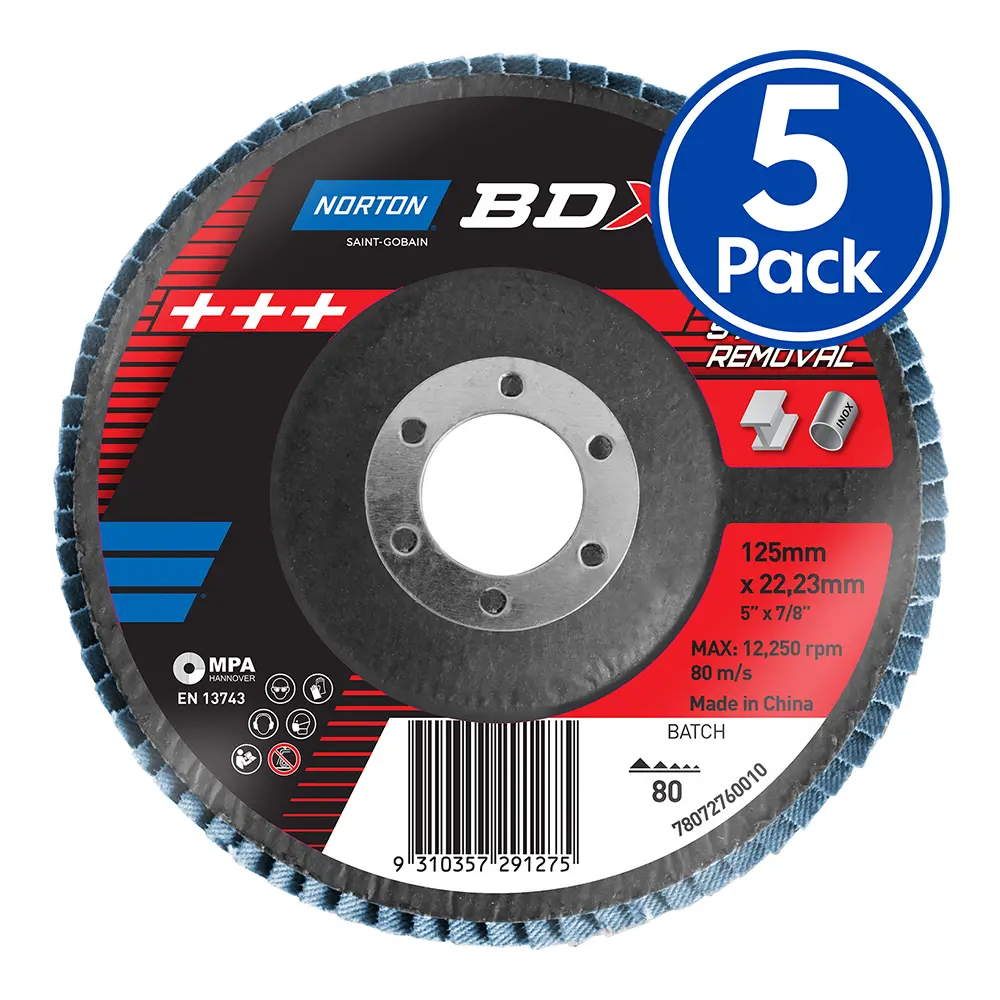 Norton Bdx Flap Disc 125Mm X 22Mm X 5 Pack P80 Grit Fast Stock Removal 1