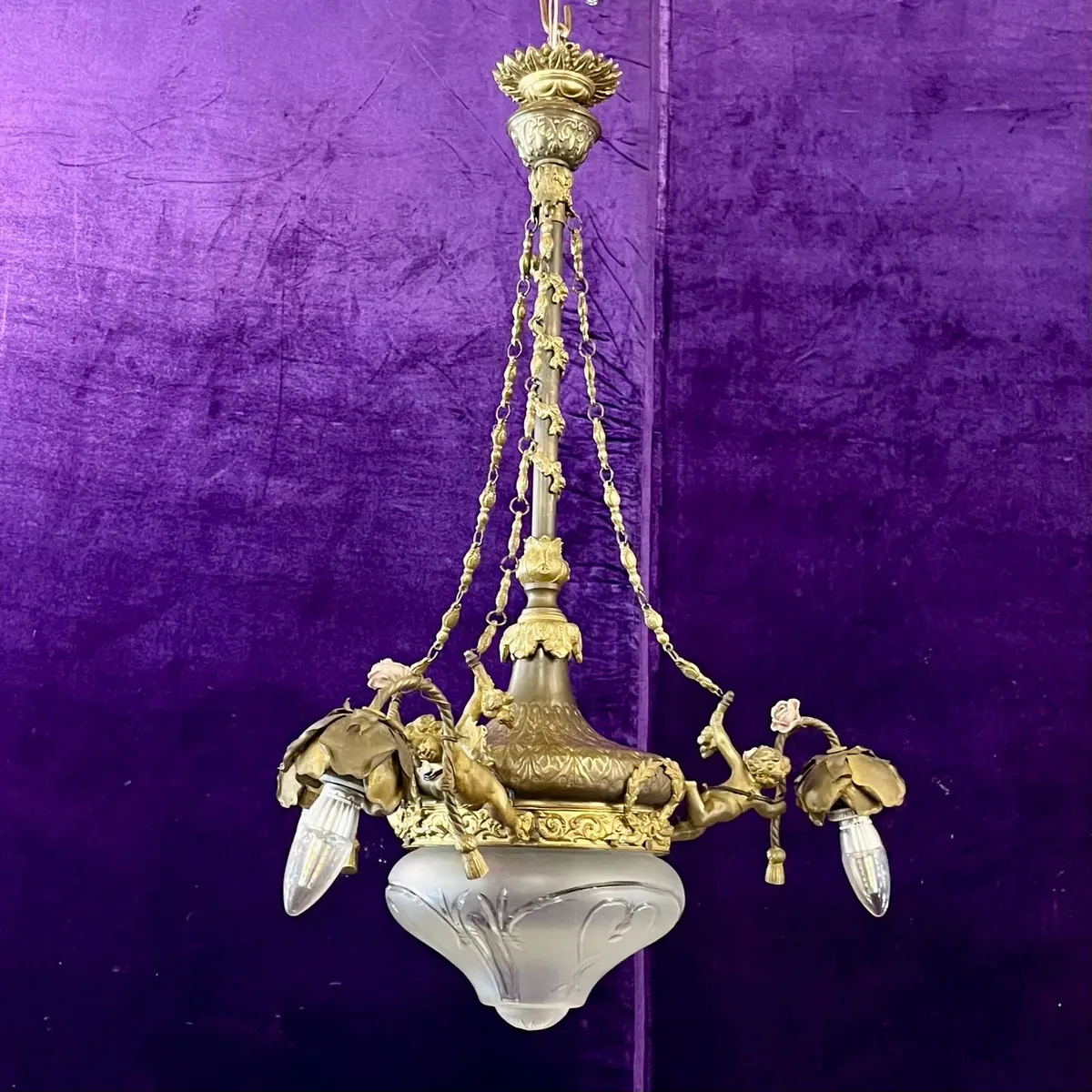 French Brass& Etched Glass Cherub Chandelier, C.1900 1