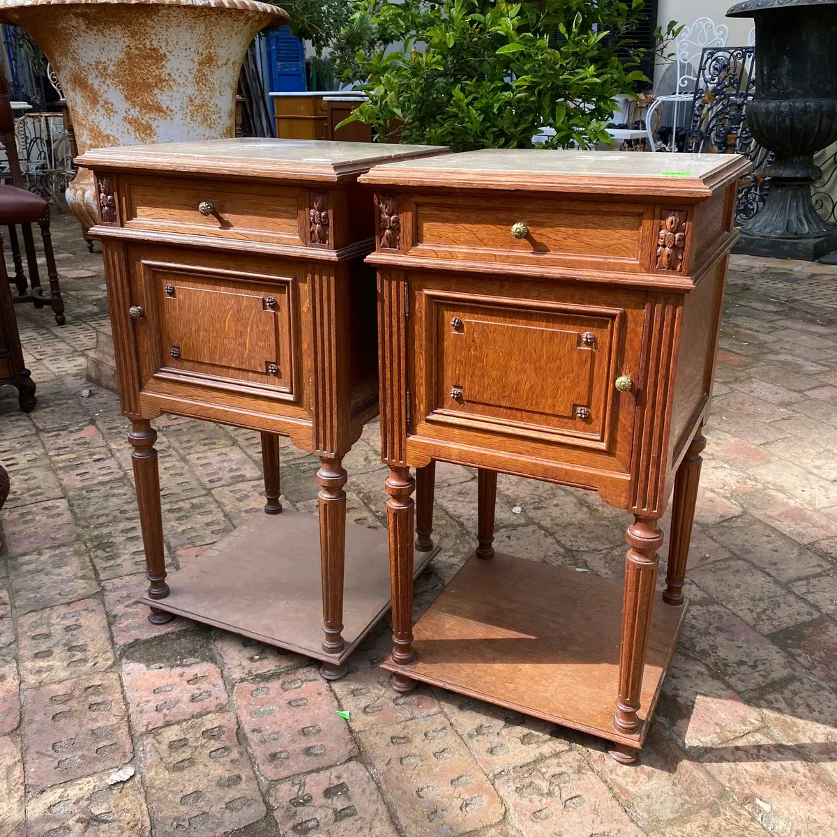 Antique Carved Oak Bedside Pedestals With Marble Top - Sold 1
