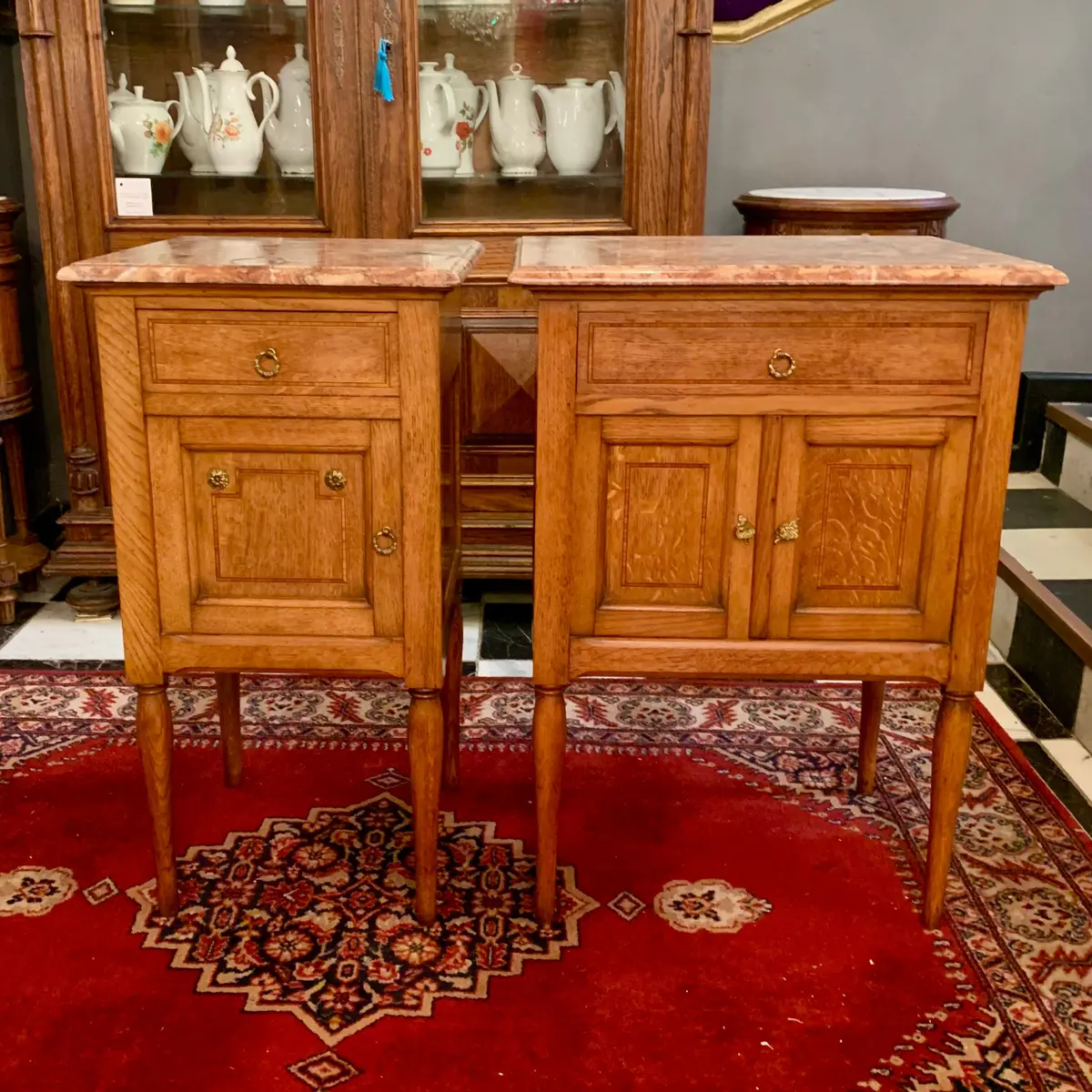 Antique Pair Of Oak Pedestals With Striking Marble Top - Sold 1