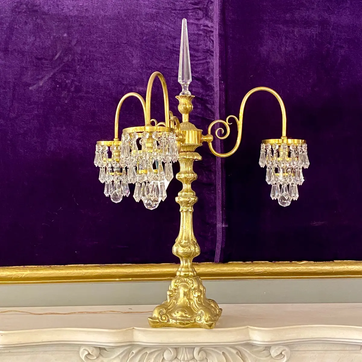 Crystal & Polished Brass Waterfall Candelabra - Sold 1