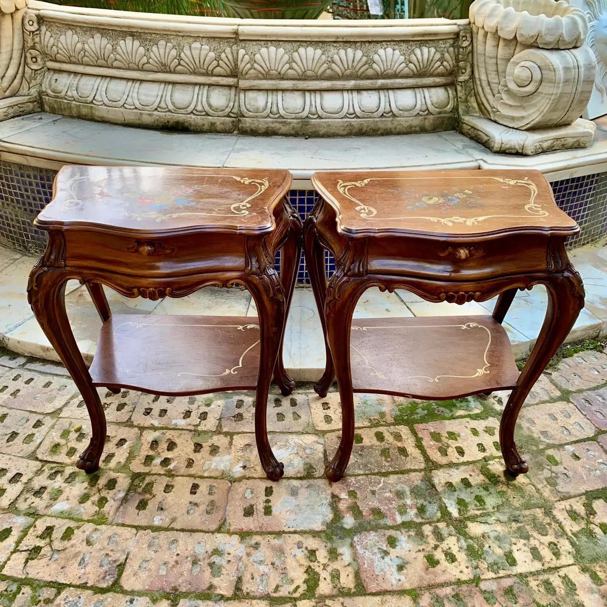 Antique Walnut Baroque Painted Bedside Pedestals - Sold 1