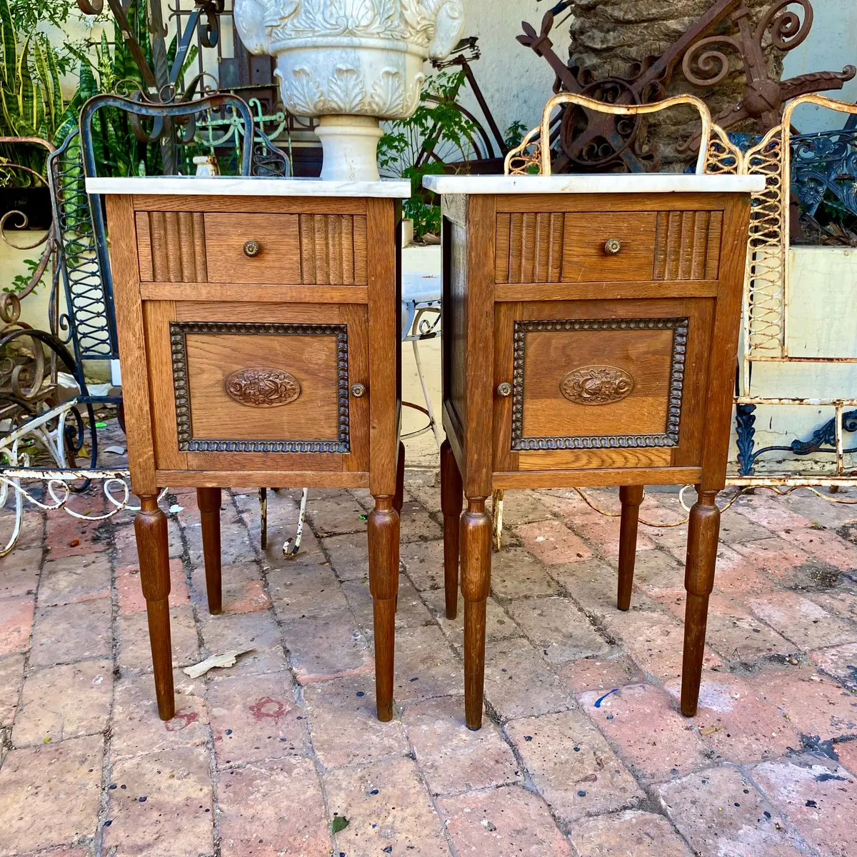Pair Of Antique Oak Bedside Pedestals With Grey Vein - Sold 1