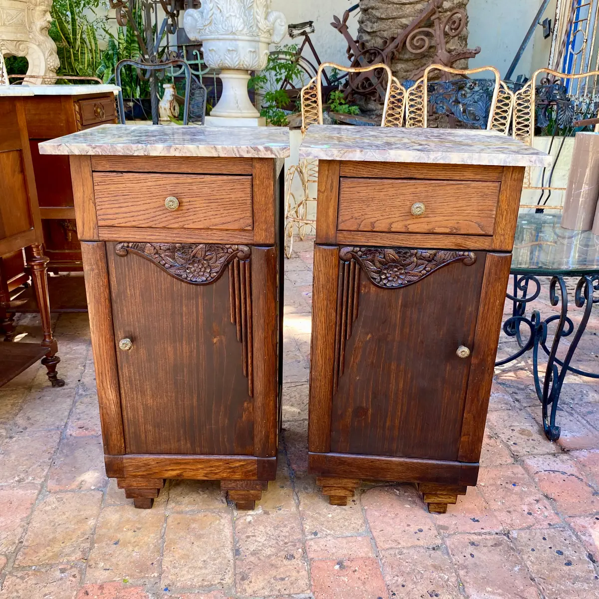 Edwardian Era Dark Oak Bedside Pedestals With Marble Top - Sold 1