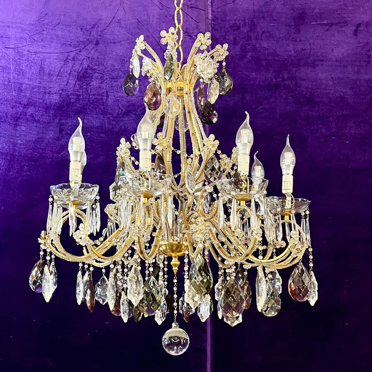 Exquisite Antique Brass Cage Chandelier With Crystal Flowers - Sold 1