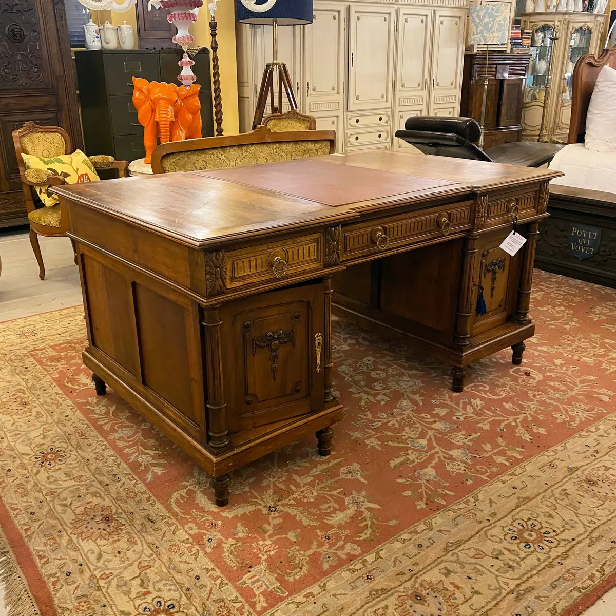 Antique Edwardian Walnut Partner's Desk With Tooled Leather Top - Sold 1