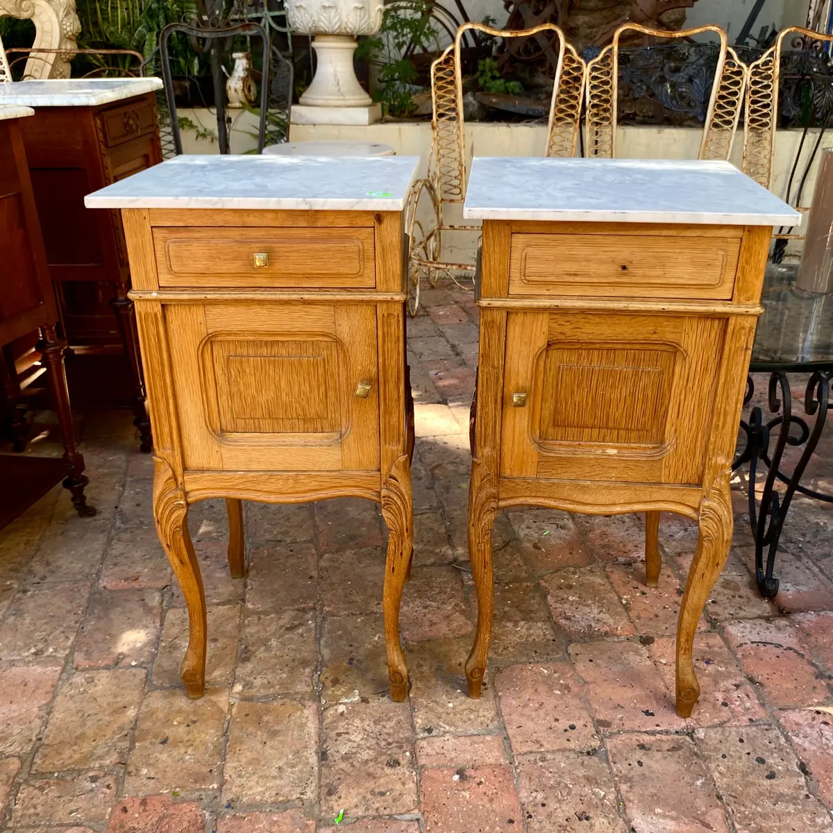 Antique Oak Bedside Pedestals With Cabriole Legs And Marble Top - Sold 1