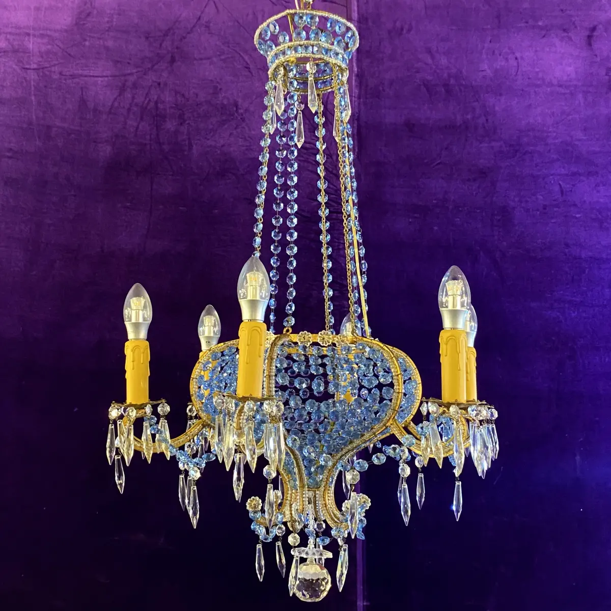 Antique Italian Beaded Chandelier With Original Blue Crystals - Sold 1