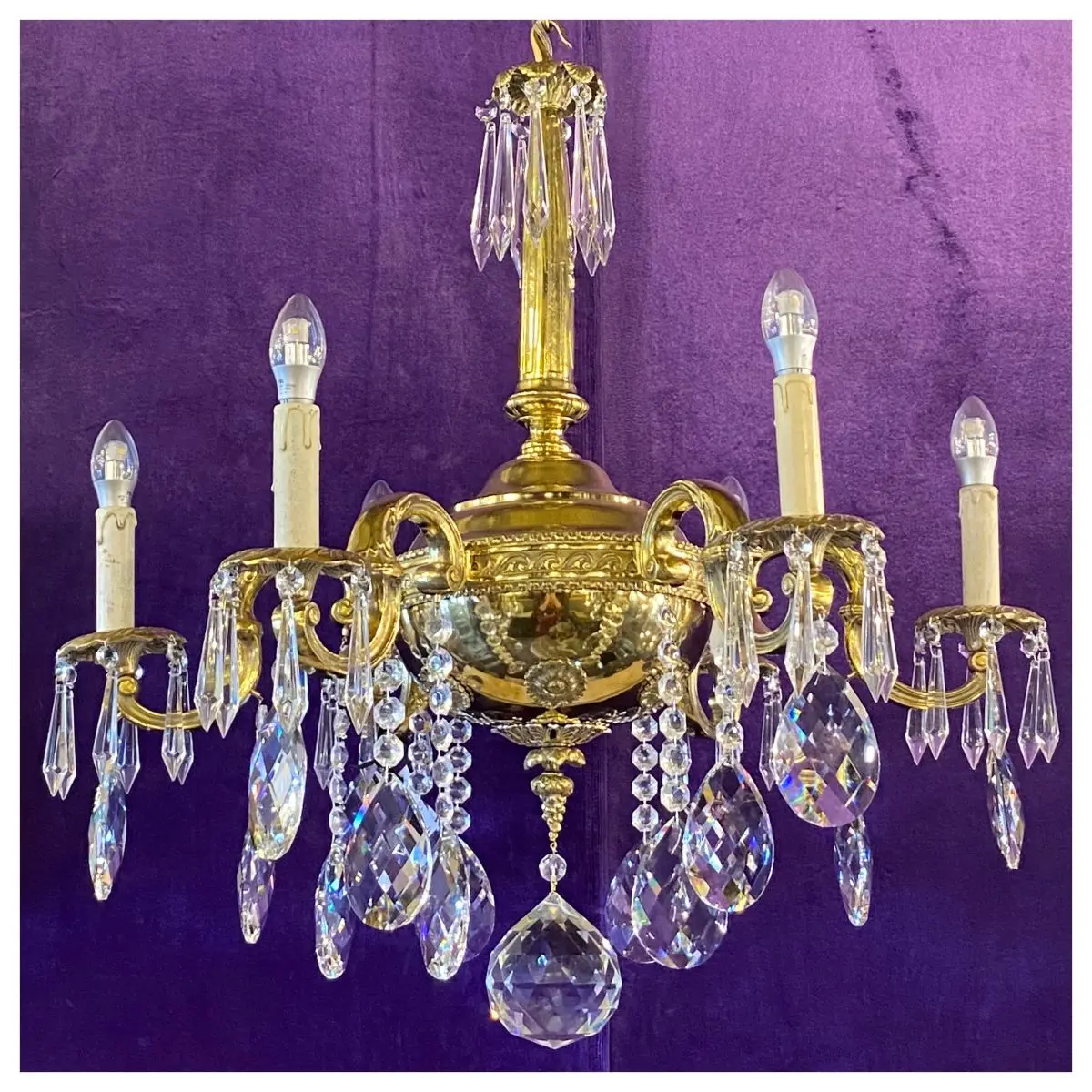 Very Heavy Antique Brass Chandelier With Crystals - Sold 1