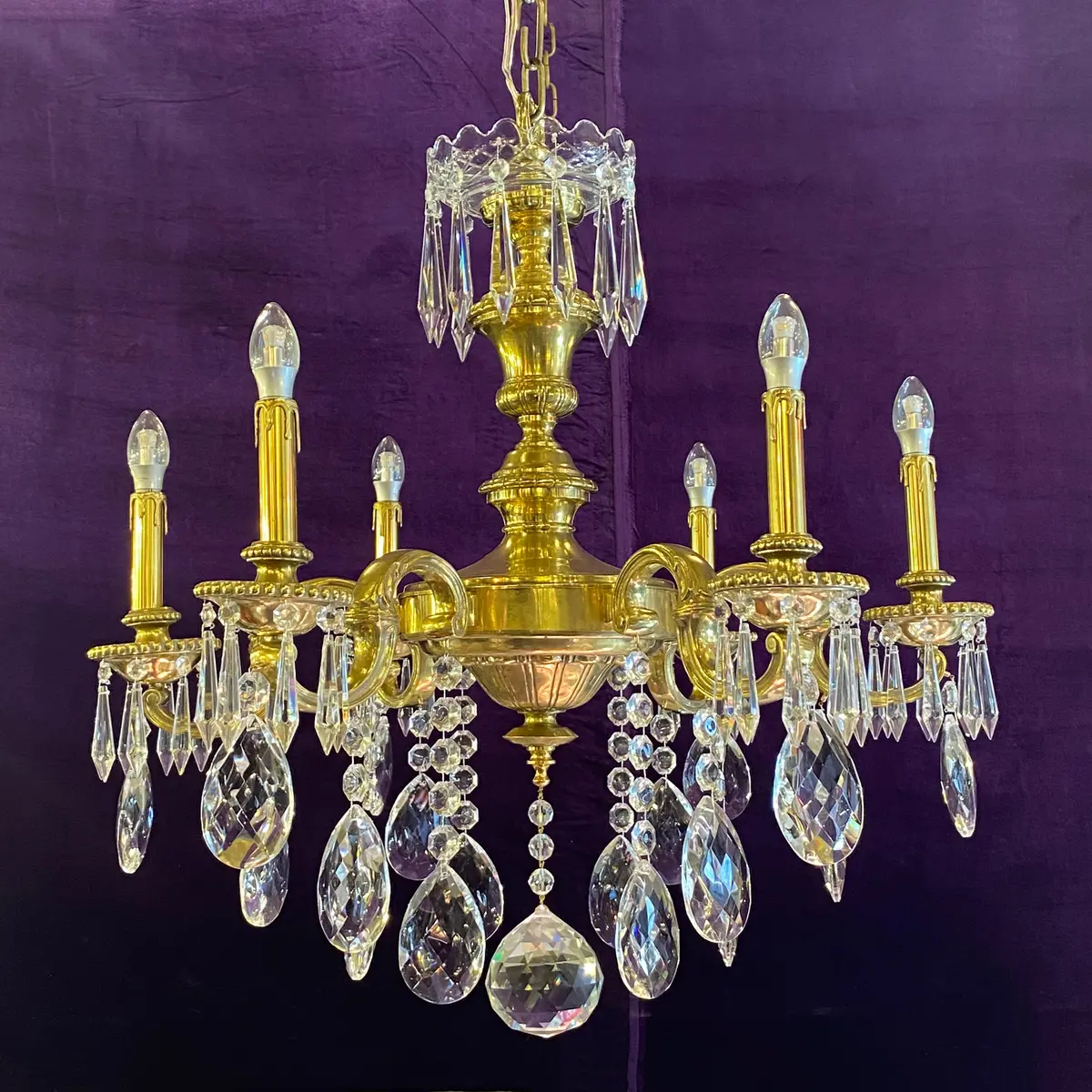 Heavy Antique Cast Brass Chandelier With Large Teardrop Crystals - Sold 1