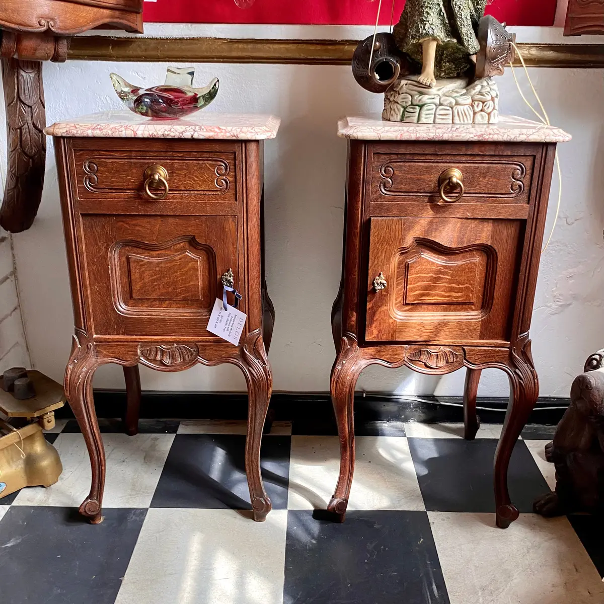 Antique  Oak Bedside Pedestals With Pink Marble Top - Sold 1