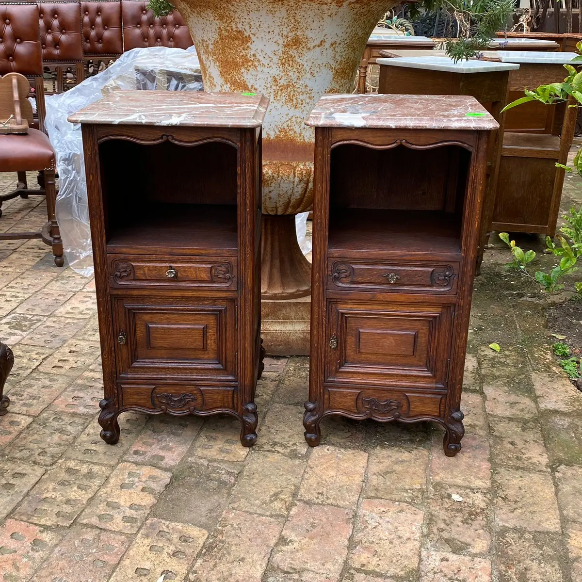 Antique Carved Oak Beside Pedestal With Marble Top - Sold 1