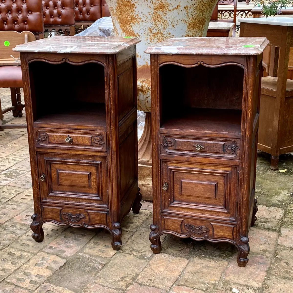 Antique French Oak Pedestals With Marble Tops - Sold 1
