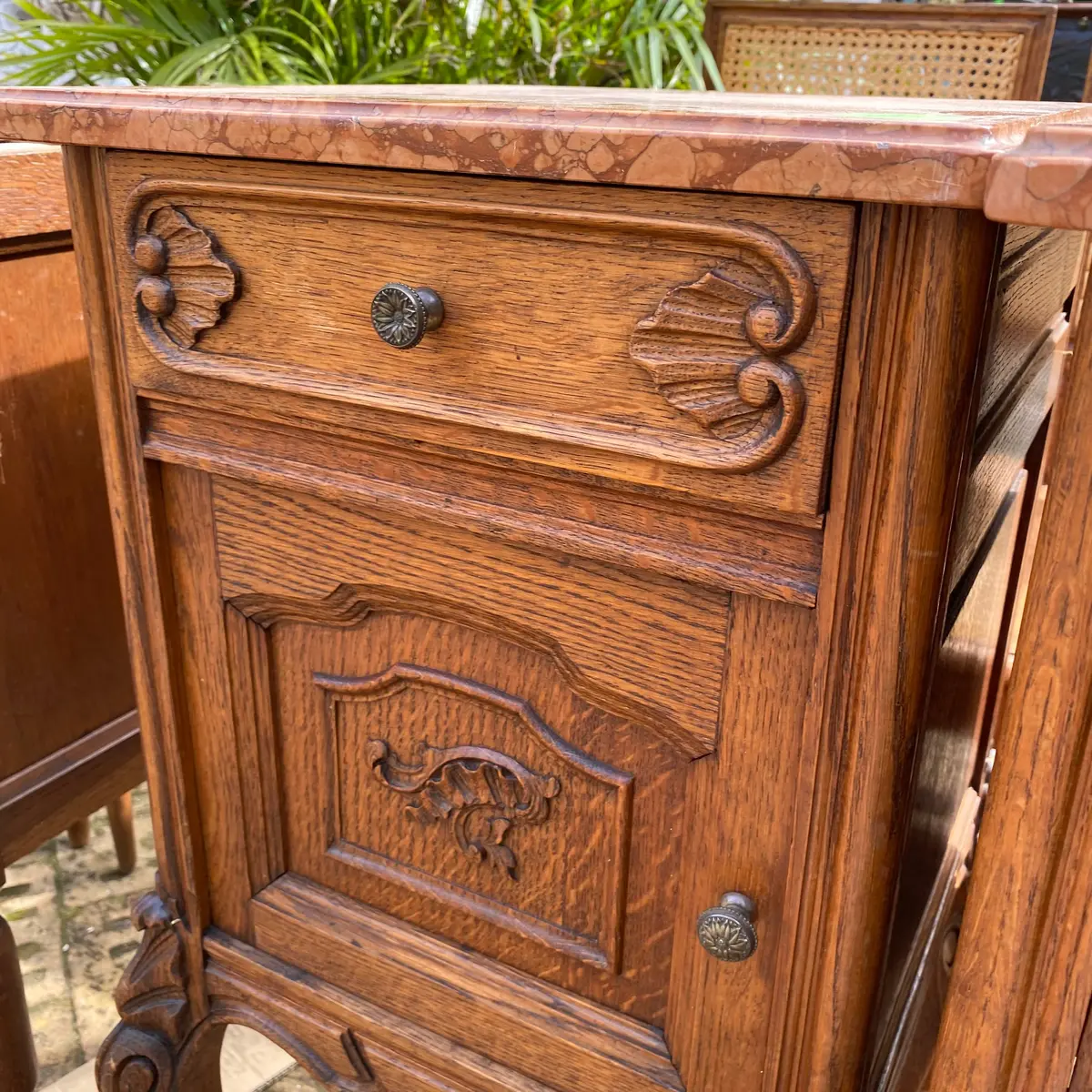 Beautiful Antique Oak Bedside Tables With Marble Top - Sold 2