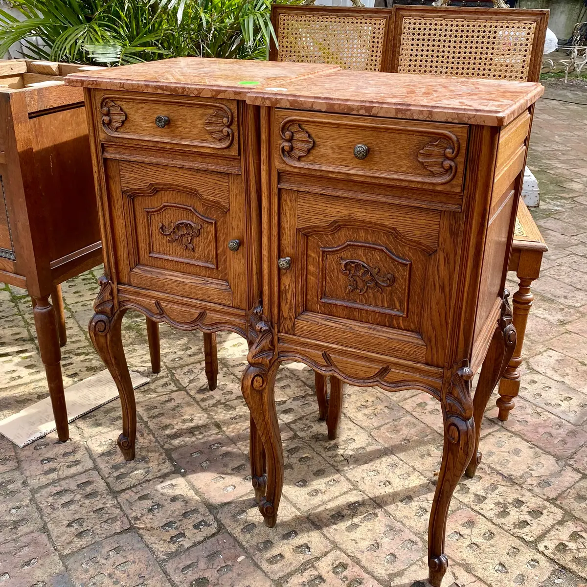 Beautiful Antique Oak Bedside Tables With Marble Top - Sold 1