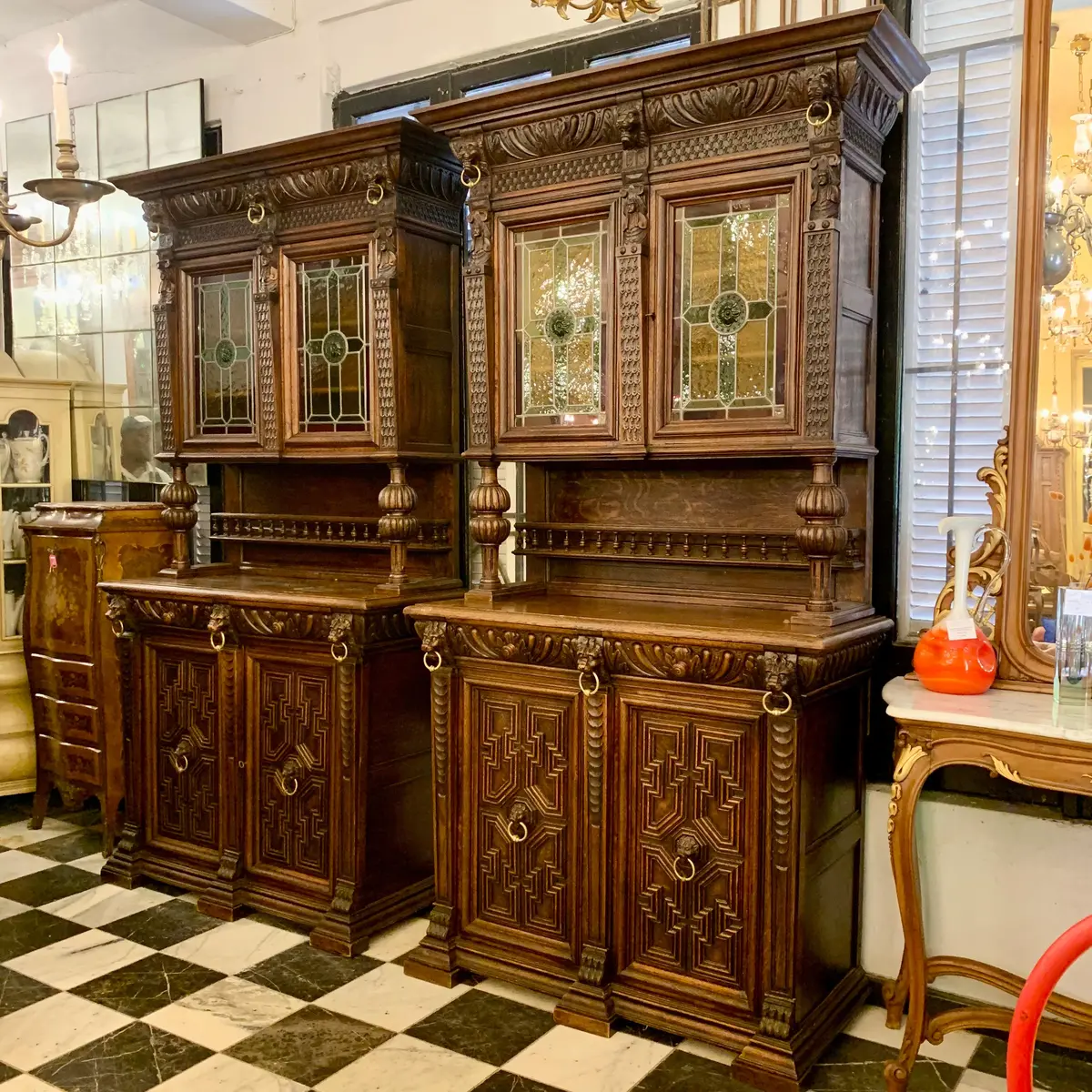 Antique Dark French Oak Cabinets With Stained Glass Doors 1