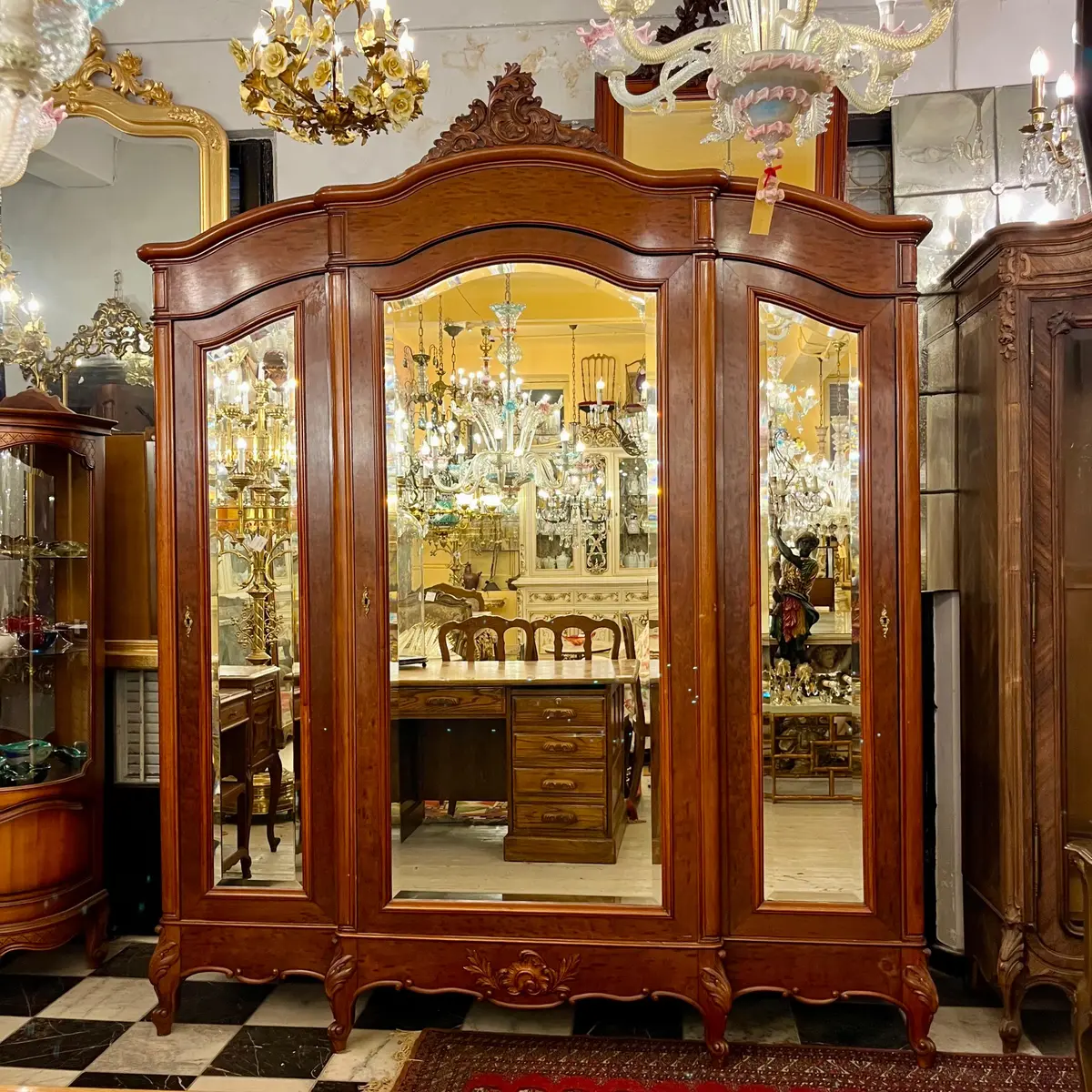 Large Antique Mirror Front Armoire With Veneer - Sold 1