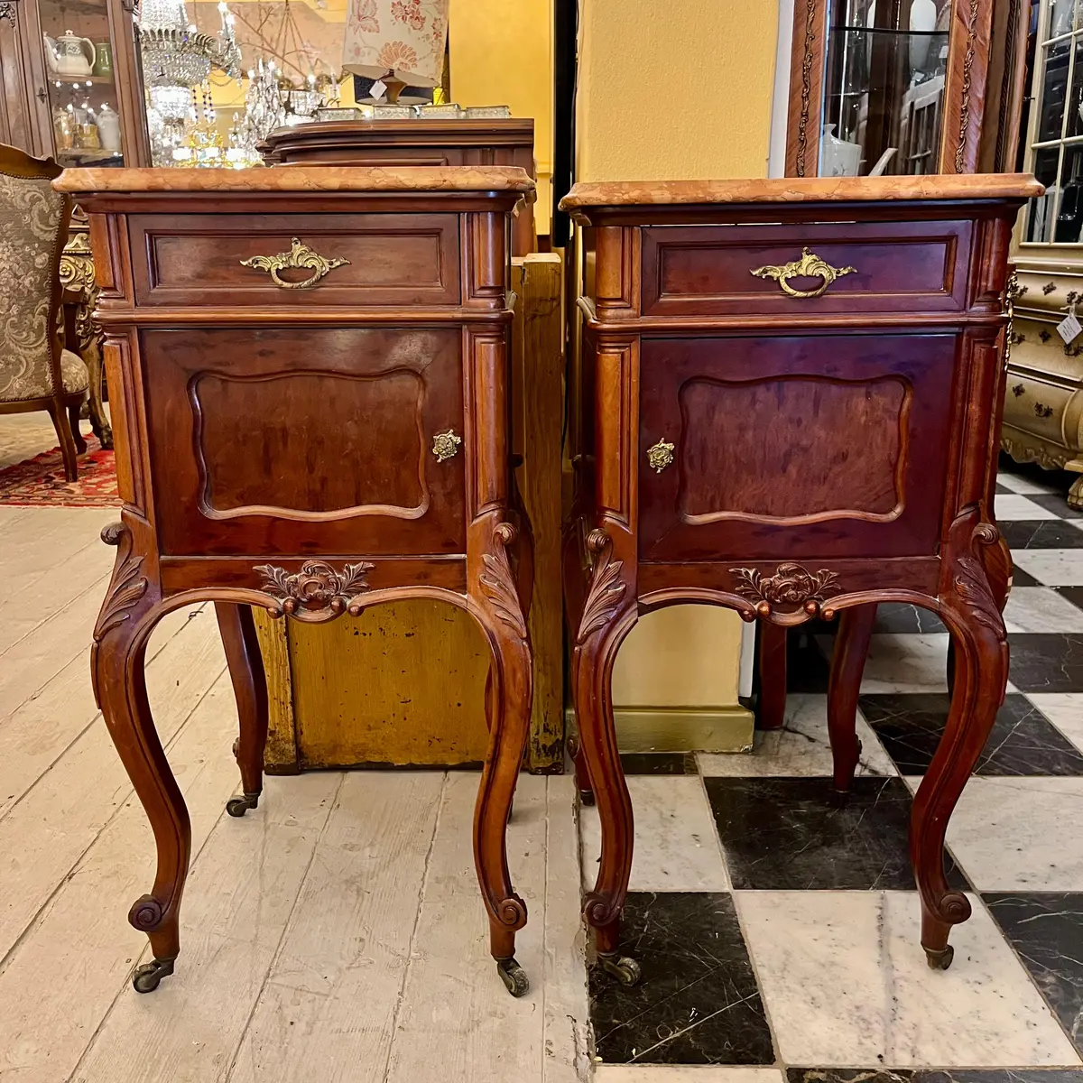 Antique Pair Of Louis 15Th Bedside Pedestals With Mottled Orange Marble Top - Sold 1