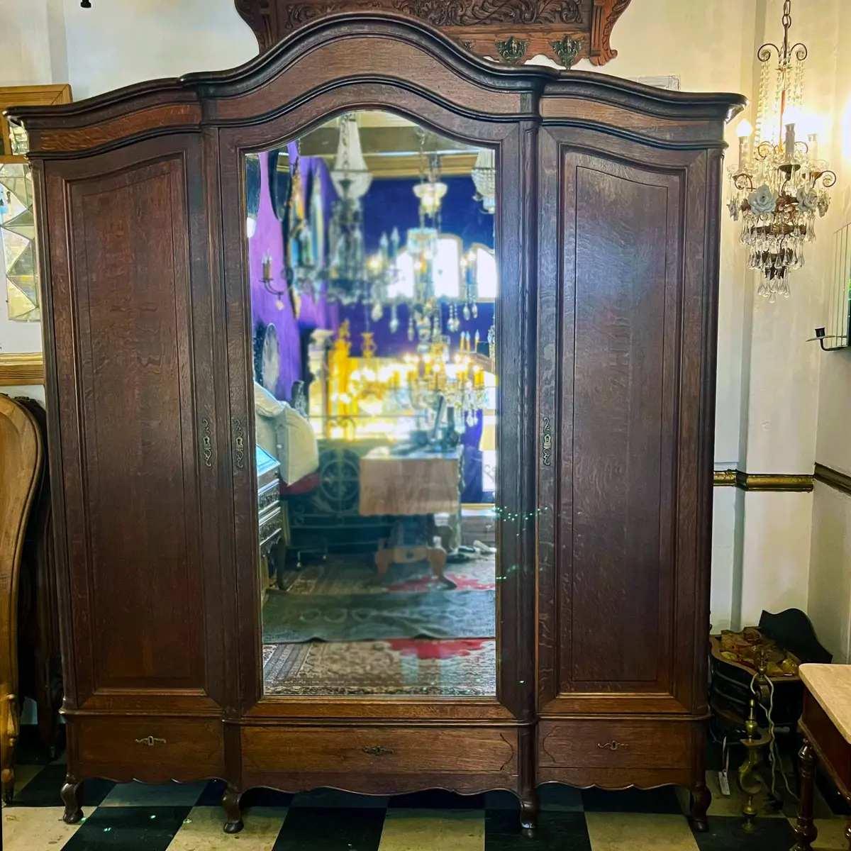 Sizable Antique Oak Wardrobe With Mirror 2